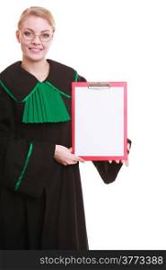 Young woman lawyer attorney wearing classic polish (Poland) black green gown holding empty blank clipboard sign copy space for text.