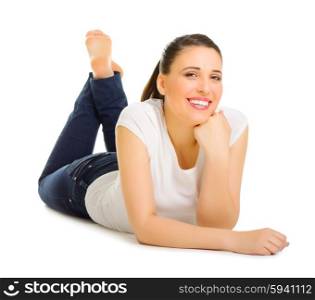 Young woman laying on the floor isolated