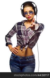 Young woman listen music isolated