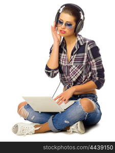 Young woman listen music isolated