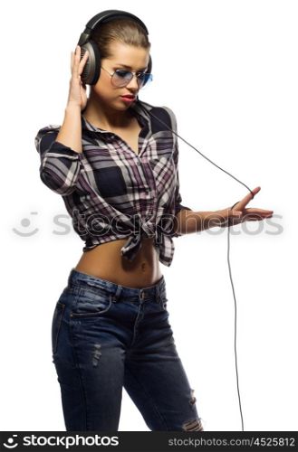 Young woman listen music isolated