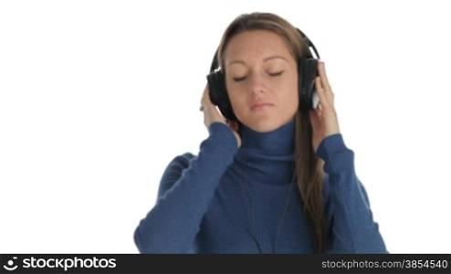 young woman listening to music on white background. 30 Fps