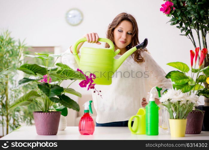 Young woman looking after plants at home