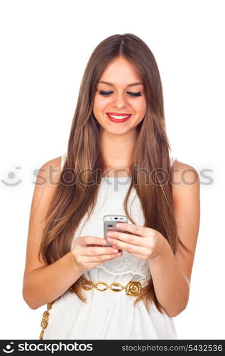 Young Woman Looking at Her Mobile Phone Isolated on White