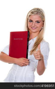 young woman looking for a job with application folder: