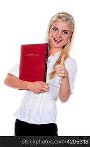 young woman looking for a job with application folder: