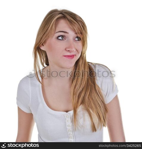 Young woman looking up-left with expression as she is disappointed about something