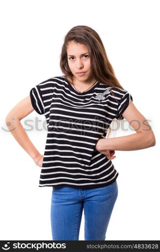 Young woman mad at you, isolated over white