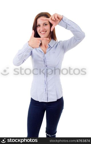 Young woman making framing key gesture, isolated on white