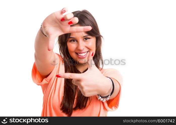 Young woman making framing key gesture - isolated over copy space background
