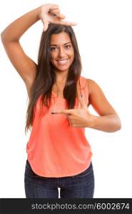 Young woman making framing key gesture - isolated over copy space background