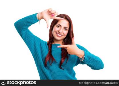 Young woman making framing key gesture - isolated over white