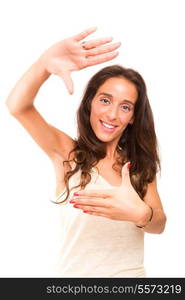 Young woman making framing key gesture - isolated over white