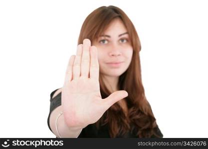 young woman making stop with his hand on white background