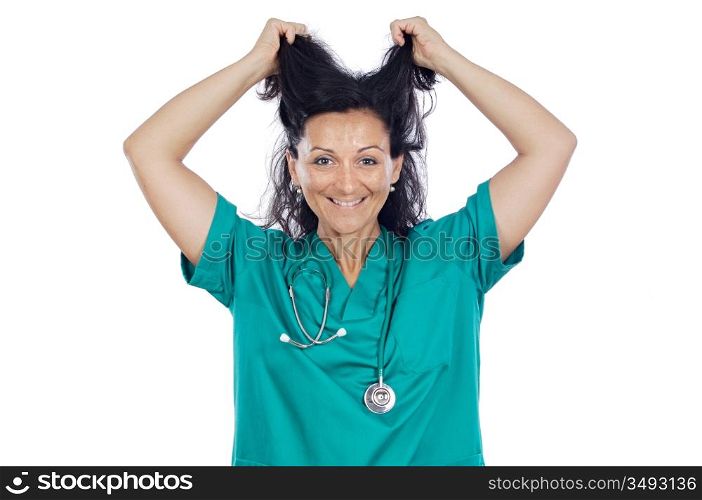 Young woman medical staff member pulling her hair