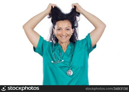 Young woman medical staff member pulling her hair