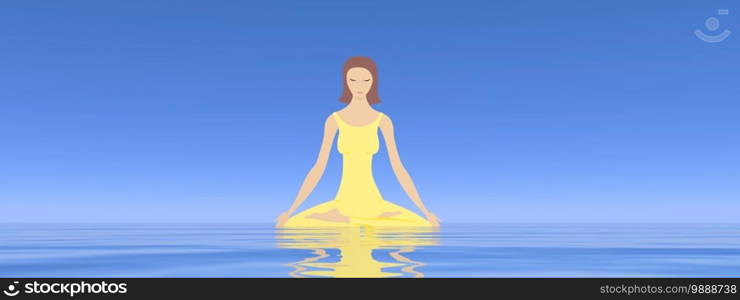 Young woman meditating peacefully upon water by blue day - 3D render. Woman meditation - 3D render