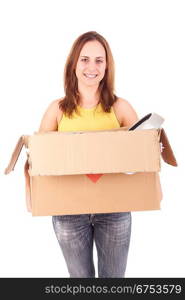 Young woman moving to new house, isolated over white