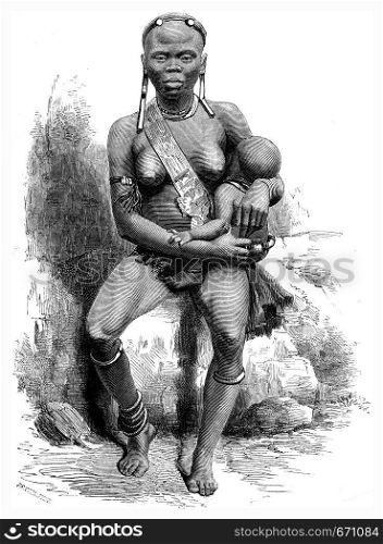 Young woman of the tribe of Pahouins, vintage engraved illustration. Le Tour du Monde, Travel Journal, (1865).