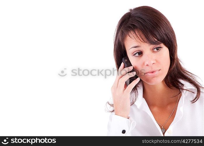 Young woman on the phone, isolated over white