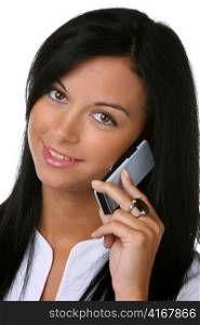 young woman on the phone with a cell phone. against a white background