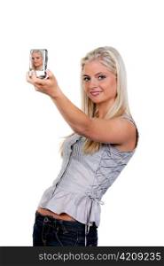 young woman photographed with a digital camera.