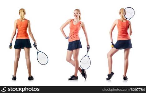 Young woman playing tennis isolated on white
