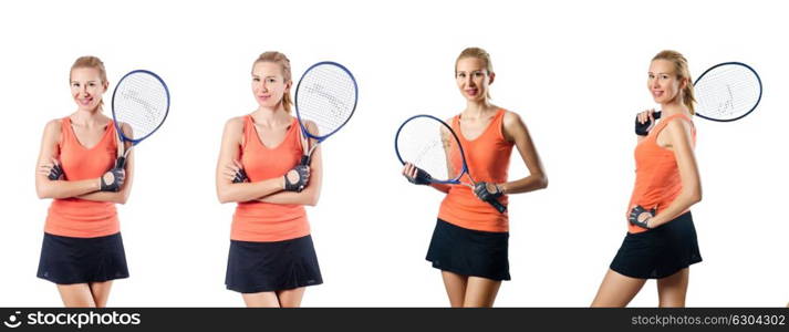 Young woman playing tennis isolated on white