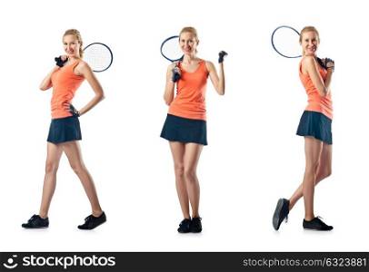 Young woman playing tennis isolated on white
