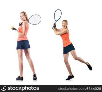 Young woman playing tennis isolated on white