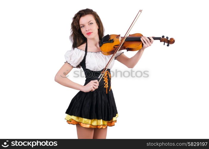 Young woman playing violin on white