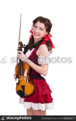 Young woman playing violin on white