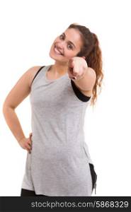 Young woman pointing her finger at you calling to exercise