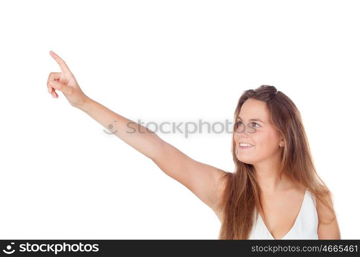 Young woman pointing with her finger up isolated on a white background