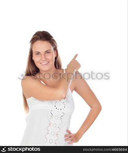 Young woman pointing with her finger up isolated on a white background