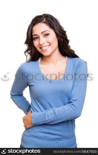 Young woman posing and smiling over white background