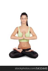 Young woman practicing yoga in the lotus position isolated on white background