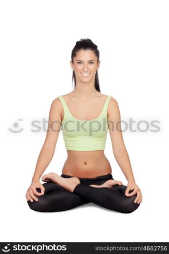 Young woman practicing yoga isolated on white background