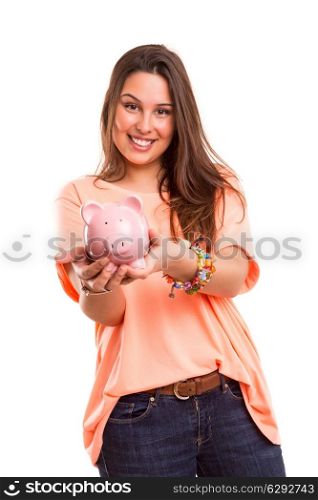 Young woman presenting a piggy bank (money box) - savings concept