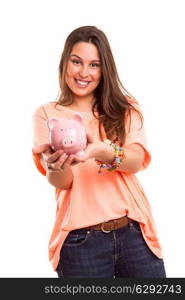 Young woman presenting a piggy bank (money box) - savings concept