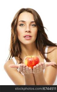 young woman presenting apple. young woman presenting apple on white background