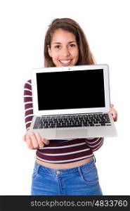 Young woman presenting your product in a laptop computer