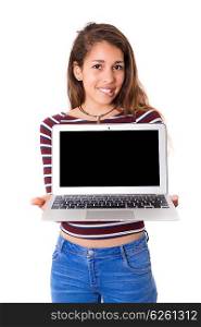 Young woman presenting your product in a laptop computer