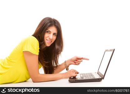 Young woman presenting your product on a laptop