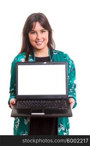 Young woman presenting your product on a laptop computer