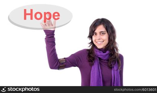 Young woman pressing key, isolated over white background