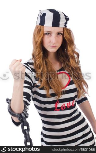 Young woman-prisoner in handcuffs isolated on white