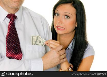young woman pulls a man out of the money tasche.dollar