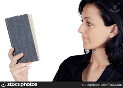 young woman reading a book a over white background