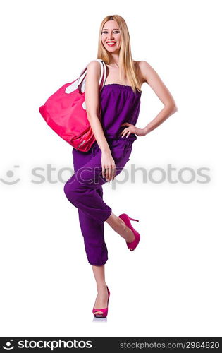 Young woman ready for summer vacation on white